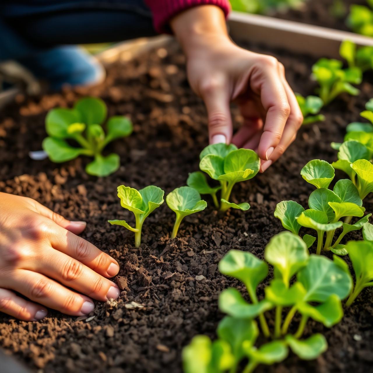 Hands tending lettuce seedlings in a raised bed